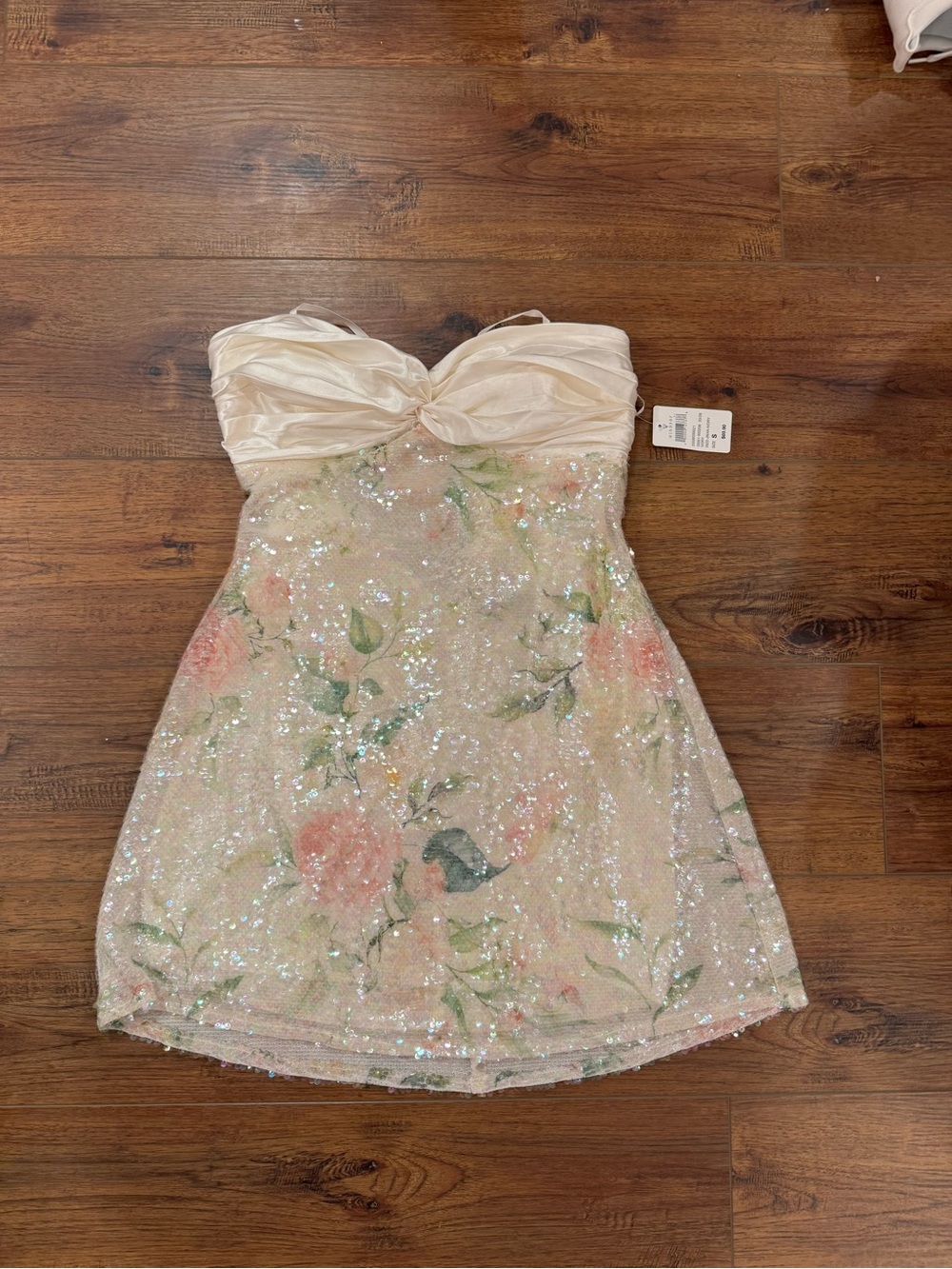 Windsor Strapless Floral Sequin Party Dress in Cream and Pink